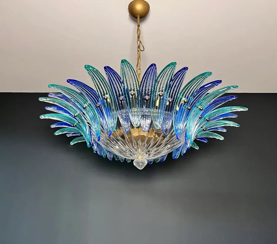 Murano Lysekrone – 36 Klare og blå Palmeglass – Murano Classics
