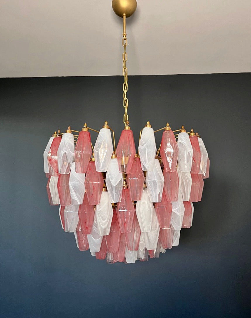 Murano Lysekrone – 111 Multifarget Rosa Hvite Alabaster Poliedriglass – Murano Classics