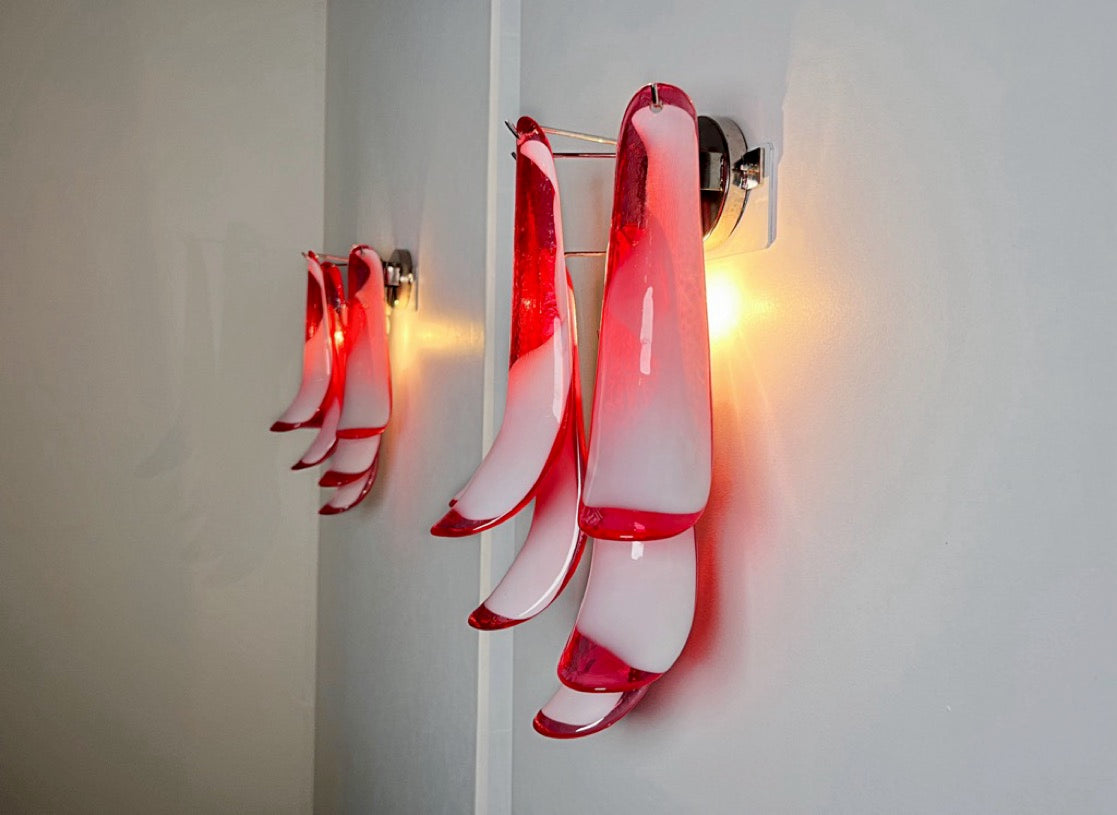 Murano Vegglampe – 6 Røde Lattimo Konglebladglass – 2 stk – detalj 7 – Murano Classics