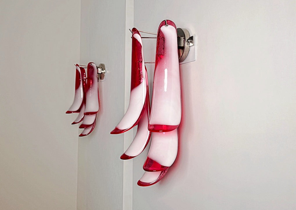 Murano Vegglampe | Røde Lattimo Konglebladglass | 1 par