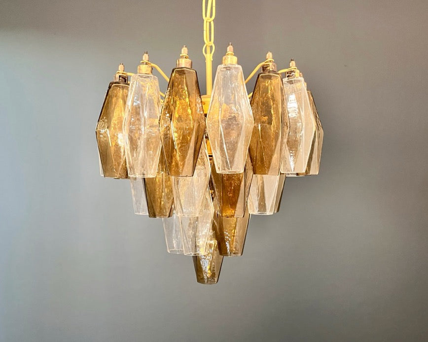 Murano Lysekrone | Klare Røykfargede Gull Poliedriglass