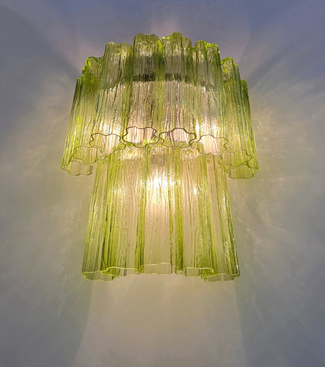 Fantastic pair of Murano Glass Tube wall sconces – 13 green glass tube