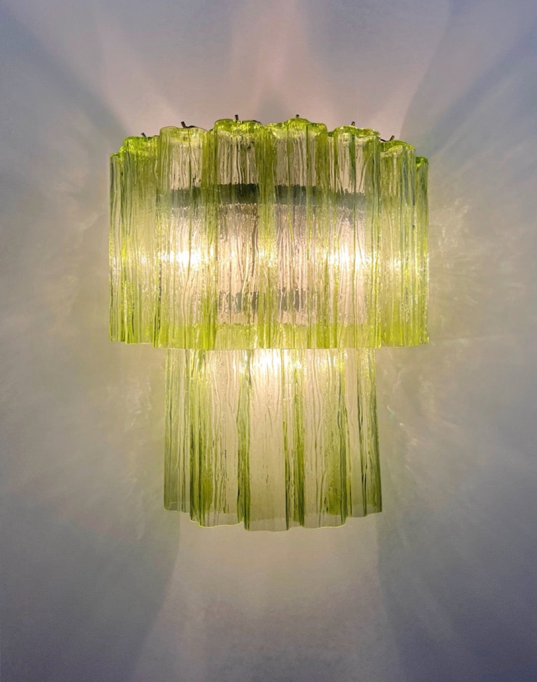 Fantastic pair of Murano Glass Tube wall sconces – 13 green glass tube