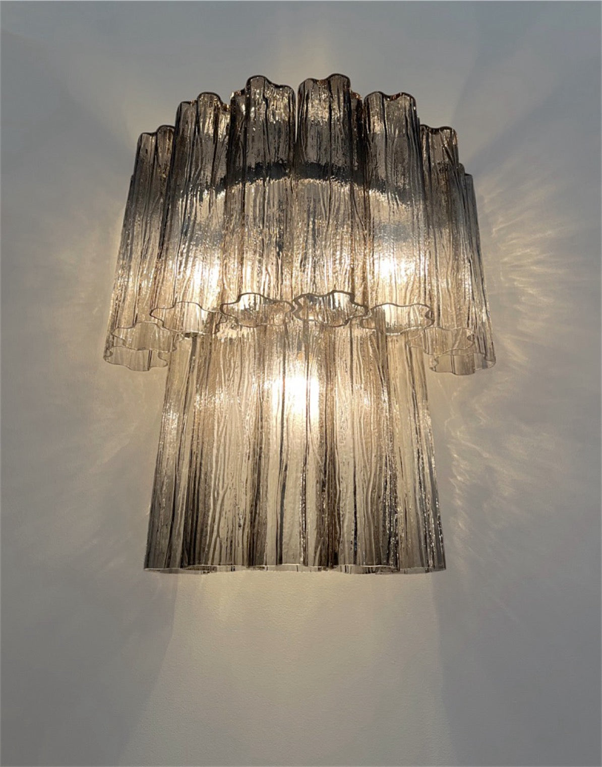 Fantastic pair of Murano Glass Tube wall sconces – 13 smoked glass tube