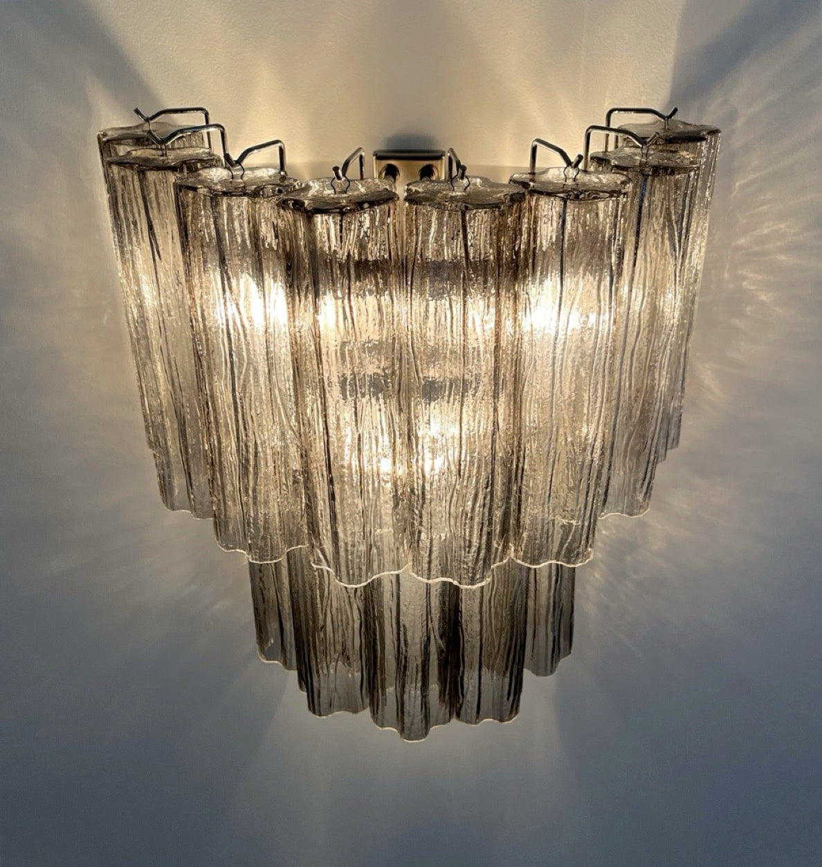 Fantastic pair of Murano Glass Tube wall sconces – 13 smoked glass tube