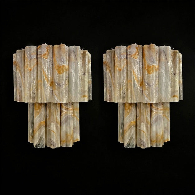 Fantastic pair of Murano Glass Tube wall sconces – 13 wisteria rust alabaster glass tube