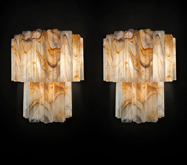 Fantastic pair of Murano Glass Tube wall sconces – 13 wisteria rust alabaster glass tube
