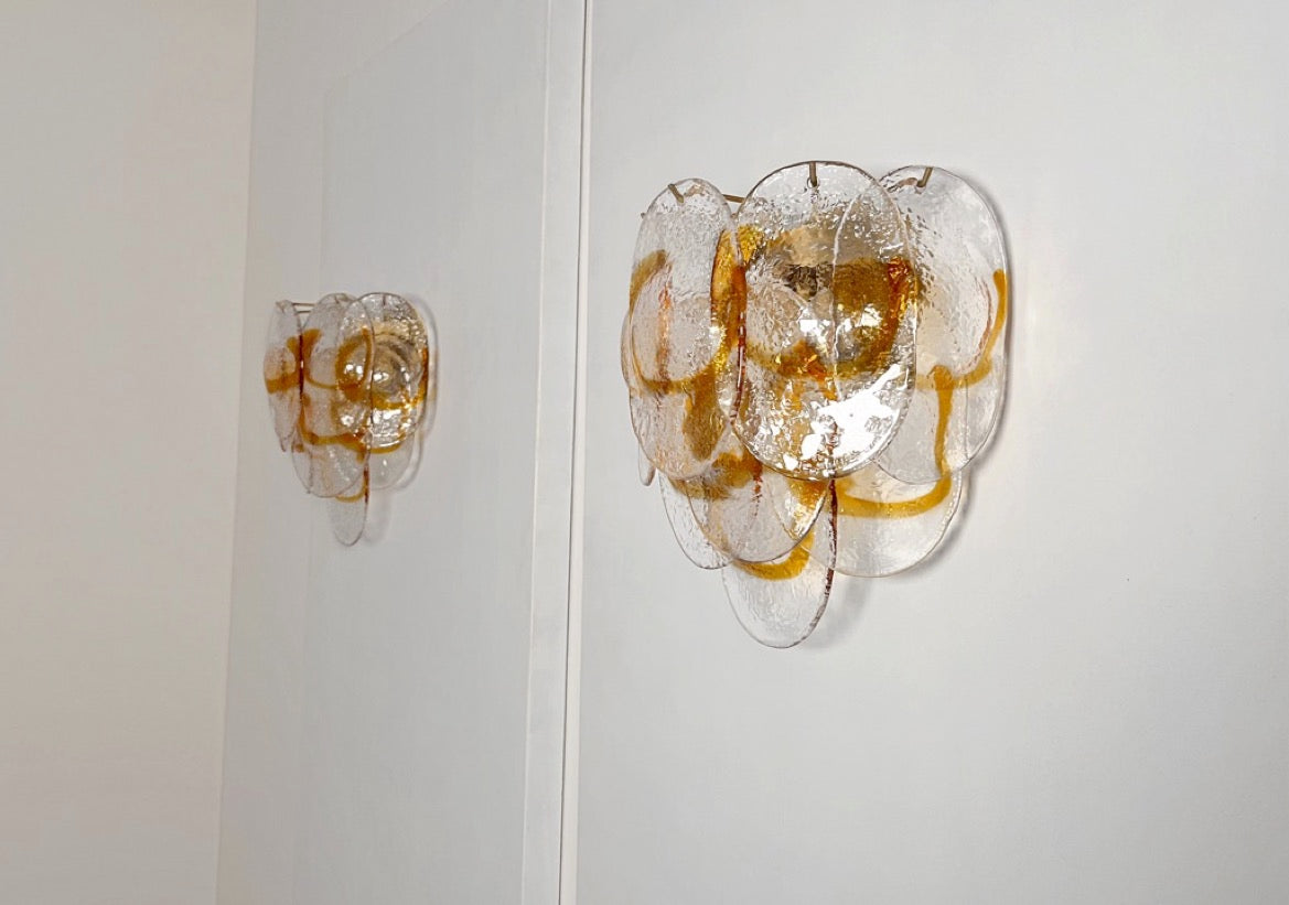 Murano Vegglampe | 20 Klare Gule Konglebladglass | 1 par