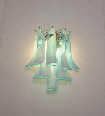 Murano Vegglampe | 10 Hvite Turkise Lattimo Konglebladglass | 1 par