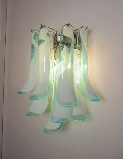 Murano Vegglampe | 10 Hvite Turkise Lattimo Konglebladglass | 1 par