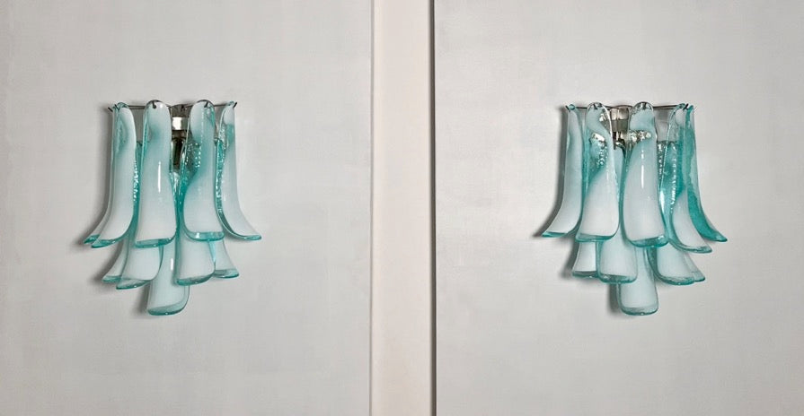 Murano Vegglampe | 10 Hvite Turkise Lattimo Konglebladglass | 1 par