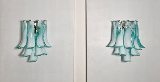 Murano Vegglampe | 10 Hvite Turkise Lattimo Konglebladglass | 1 par