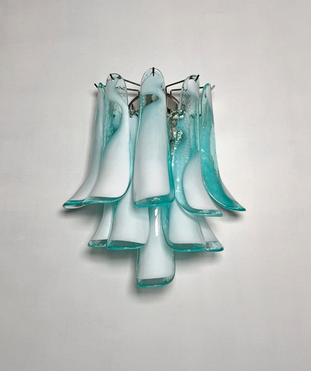 Murano Vegglampe | 10 Hvite Turkise Lattimo Konglebladglass | 1 par
