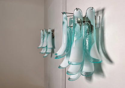 Murano Vegglampe | 10 Hvite Turkise Lattimo Konglebladglass | 1 par