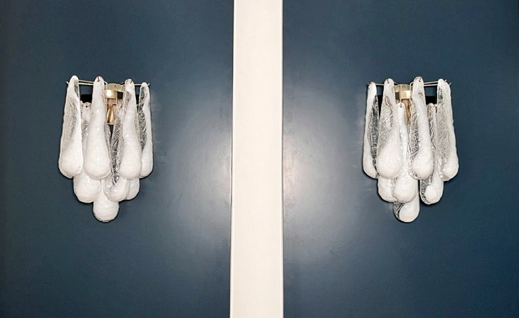 Murano Vegglampe | 10 Hvite Lattimo Dråpeglass | 1 par