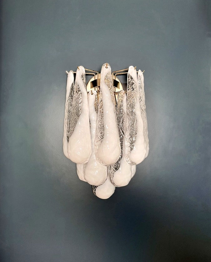 Murano Vegglampe | 10 Hvite Lattimo Dråpeglass | 1 par