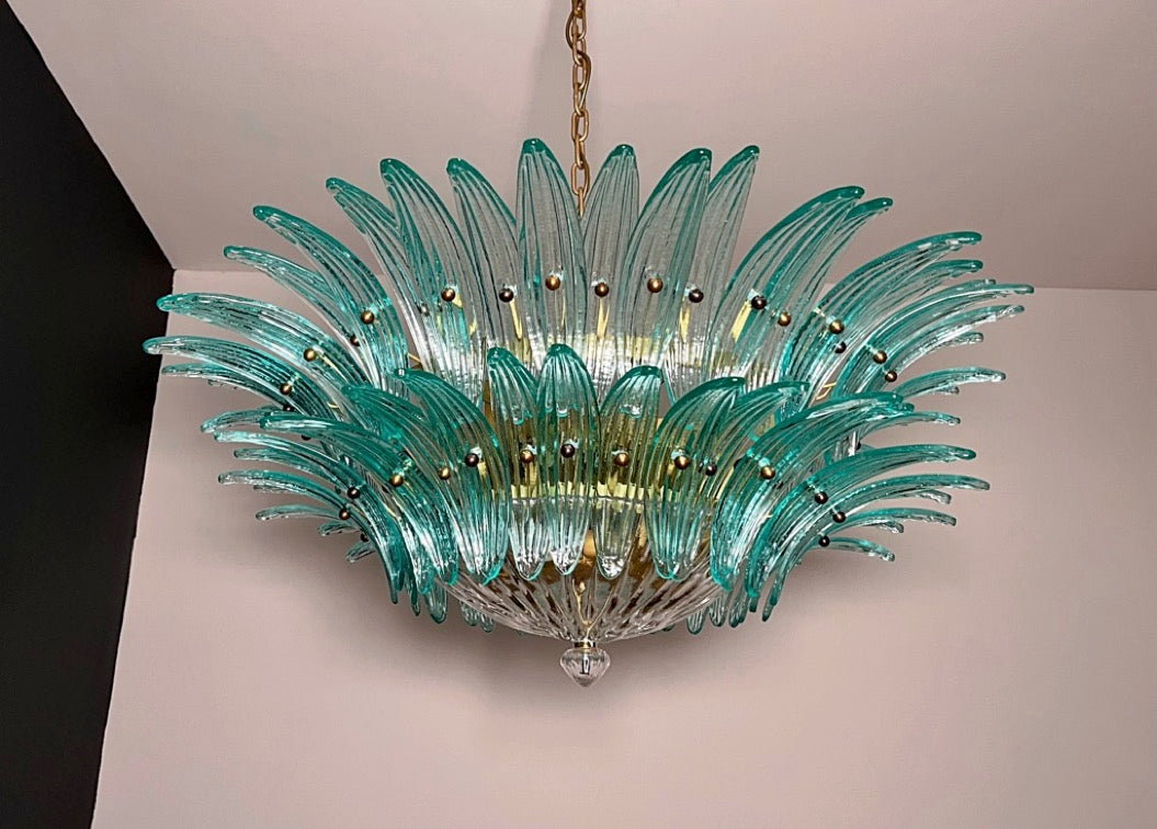 Murano Lysekrone | 82 Klare Gull Turkise Palmeglass