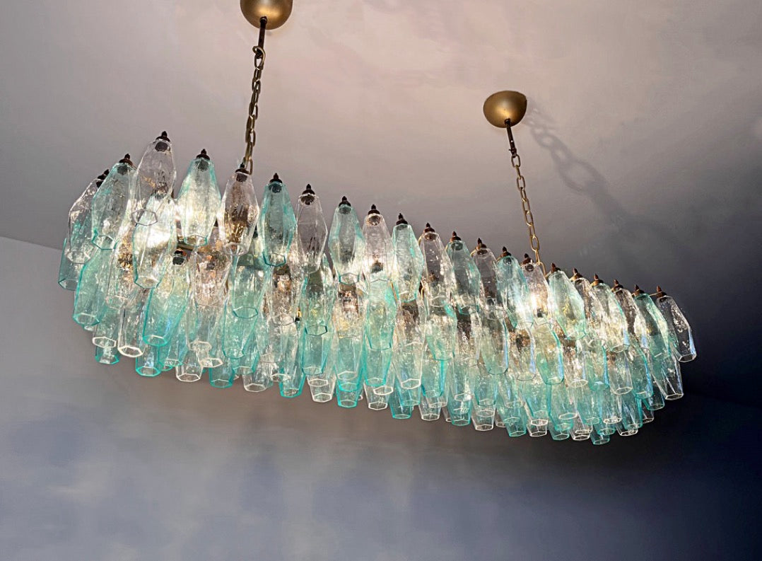 Murano Lysekrone | 138 Klare Gull Turkise Poliedriglass