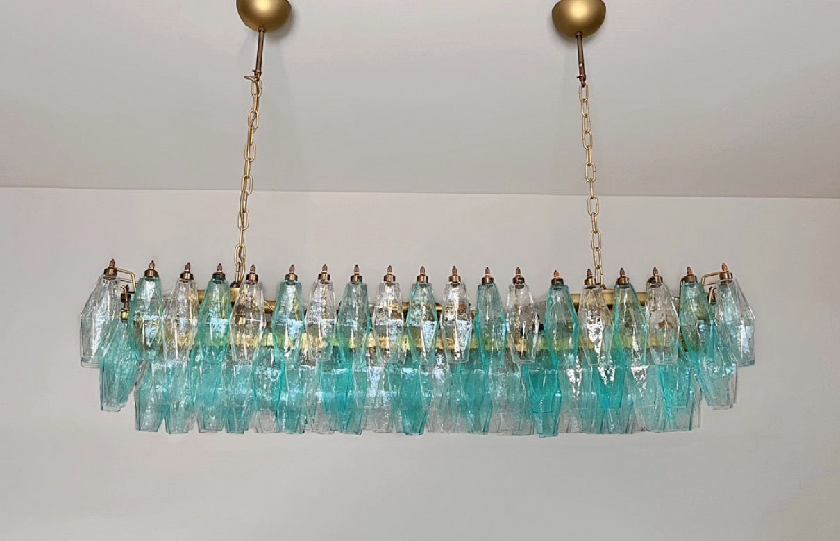 Murano Lysekrone | 138 Klare Gull Turkise Poliedriglass