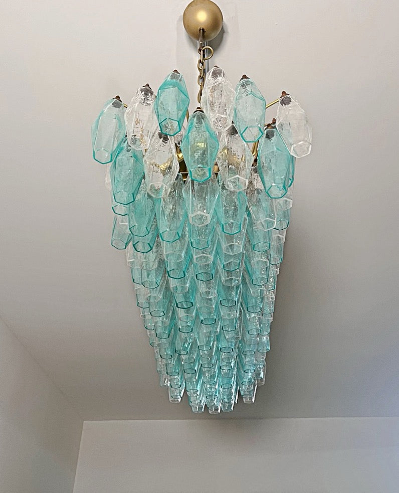 Murano Lysekrone | 138 Klare Gull Turkise Poliedriglass