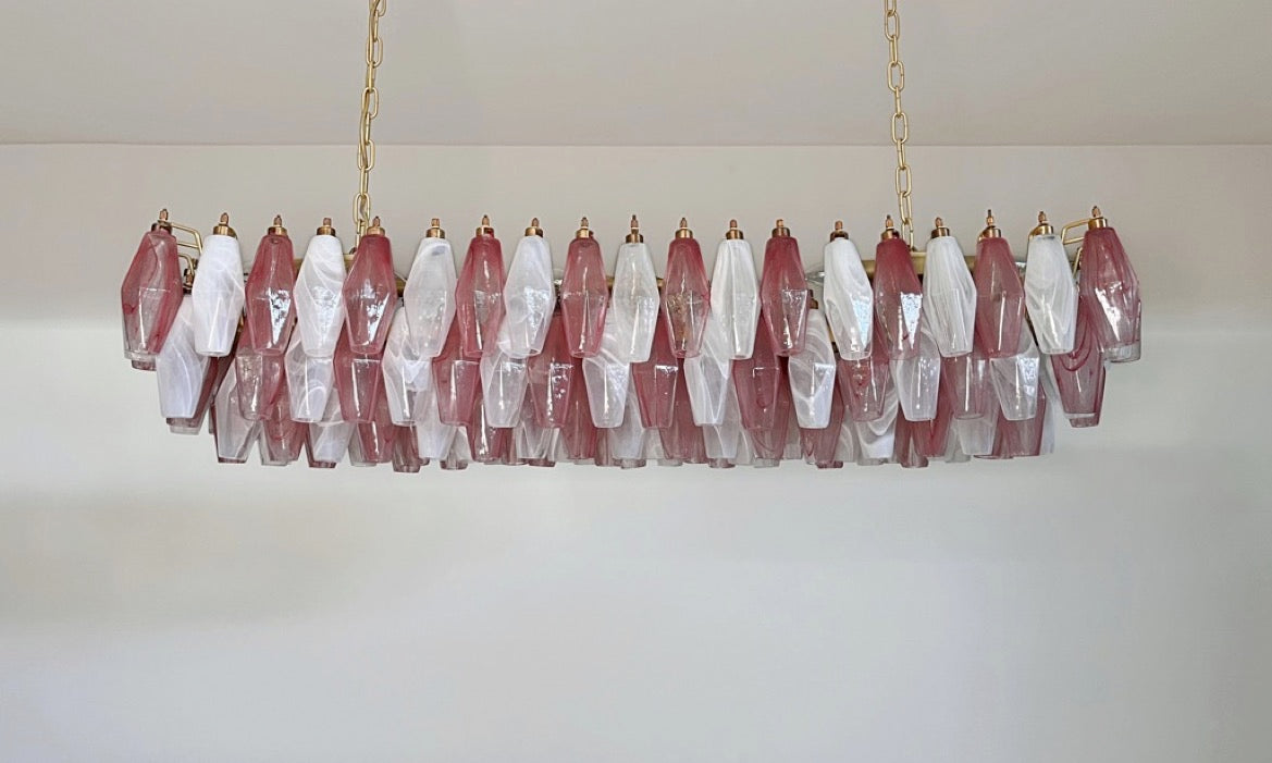 Murano Lysekrone | 138 Rosa Hvite Alabaster Gull Poliedriglass
