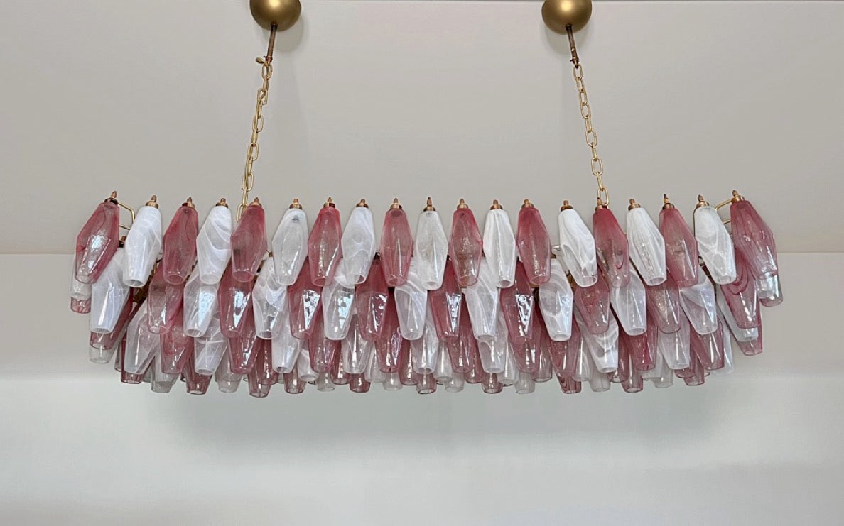 Murano Lysekrone | 138 Rosa Hvite Alabaster Gull Poliedriglass