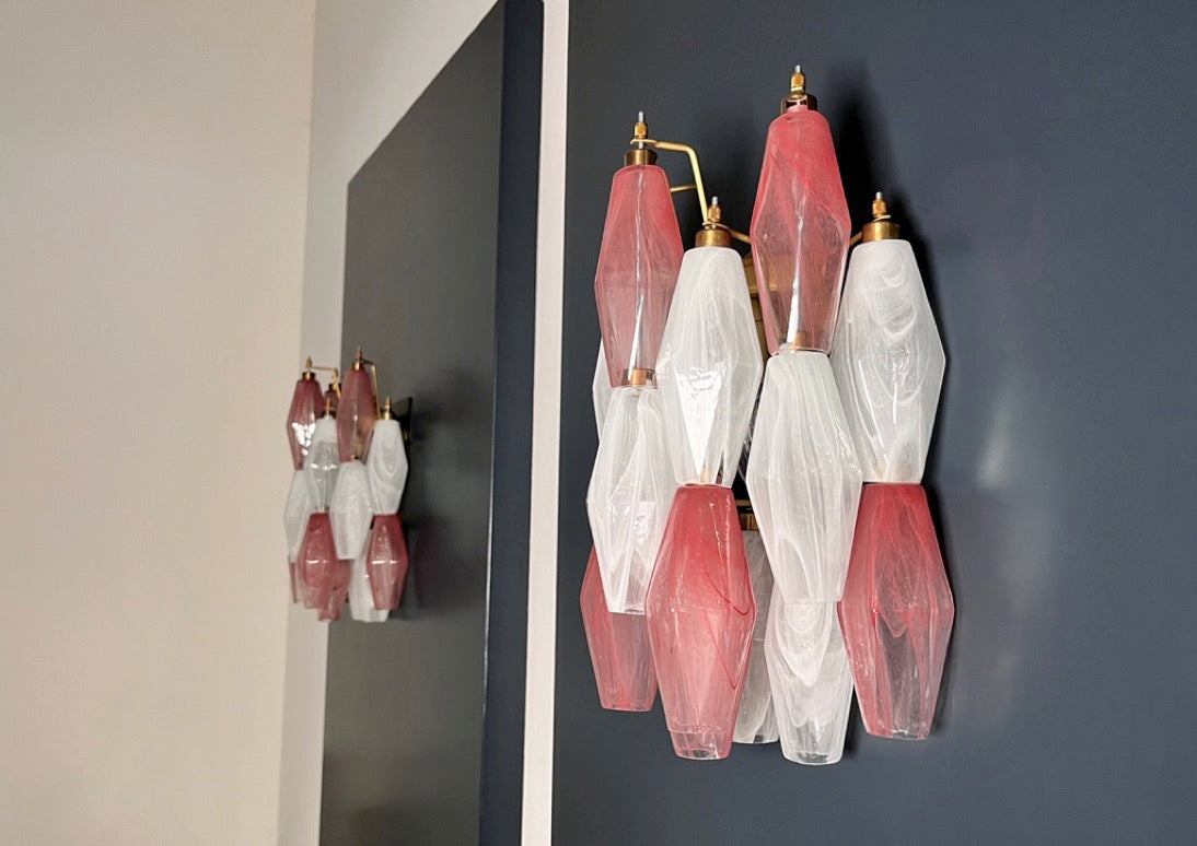 Murano Lysekrone | 17 Rosa Hvite Alabaster Gull Poliedriglass