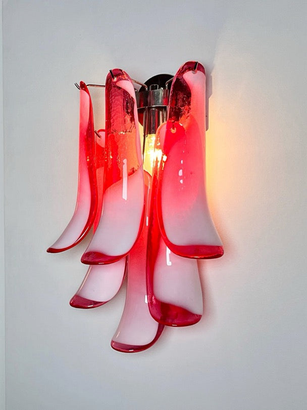 Murano Vegglampe | Røde Lattimo Konglebladglass | 1 par