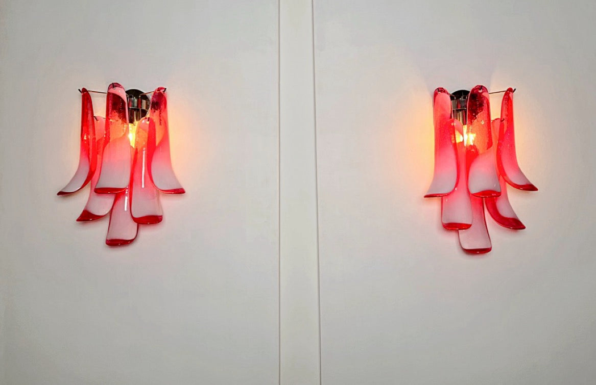 Murano Vegglampe | Røde Lattimo Konglebladglass | 1 par