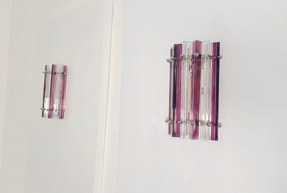 Murano Vegglampe | 7 Klare Ametystfargede Prismeglass | 1 par