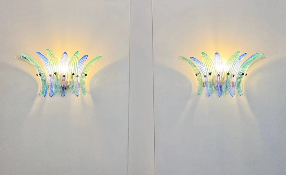 Murano Vegglampe | 9 Blå Gull Turkise Palmeglass | 1 par