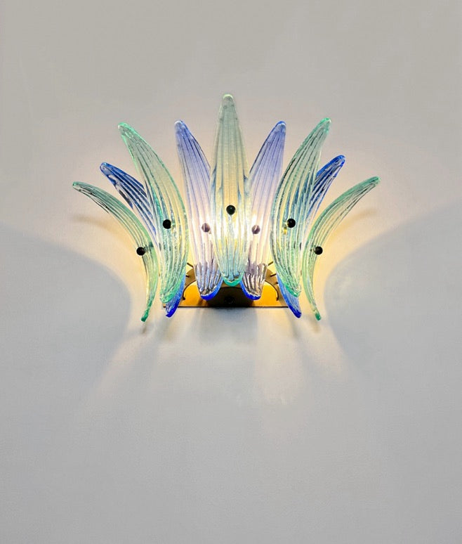 Murano Vegglampe | 9 Blå Gull Turkise Palmeglass | 1 par