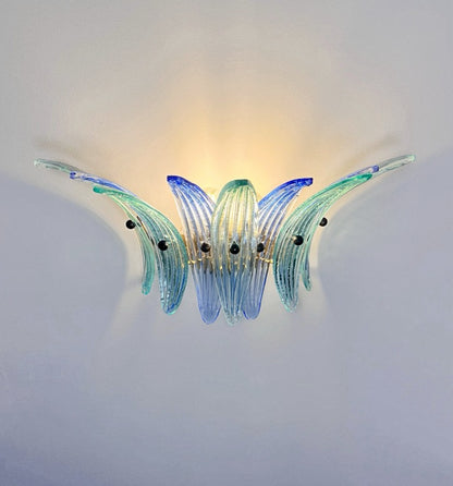 Murano Vegglampe | 9 Blå Gull Turkise Palmeglass | 1 par