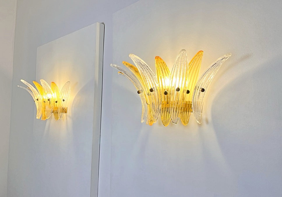 Murano Vegglampe | 9 Klare Gule Gull Palmeglass | 1 par