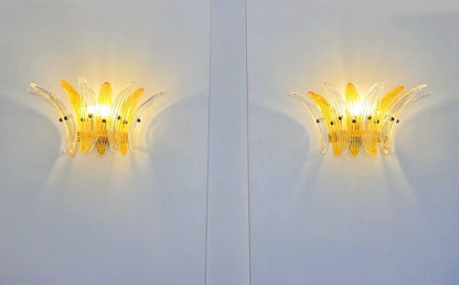 Murano Vegglampe | 9 Klare Gule Gull Palmeglass | 1 par