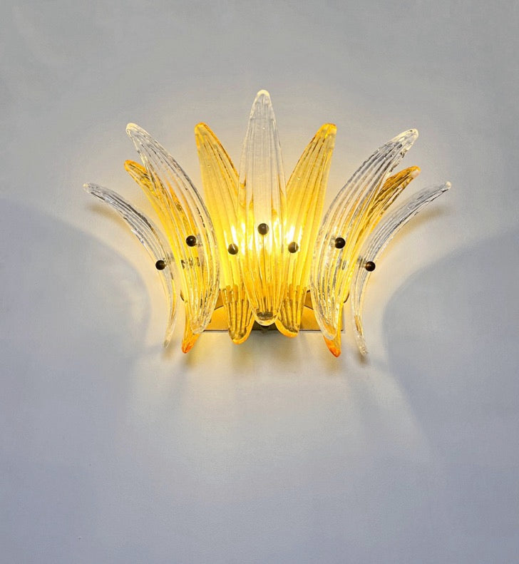 Murano Vegglampe | 9 Klare Gule Gull Palmeglass | 1 par