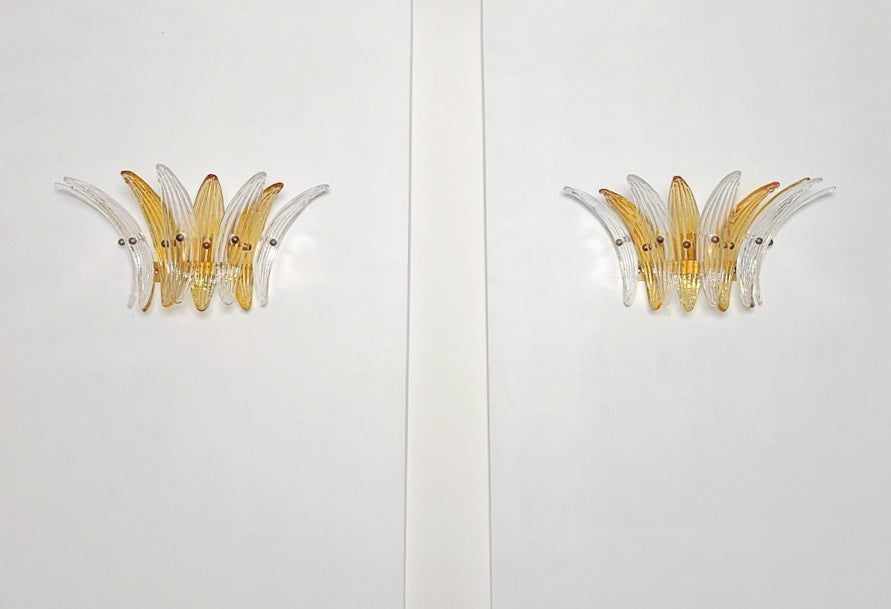 Murano Vegglampe | 9 Klare Gule Gull Palmeglass | 1 par