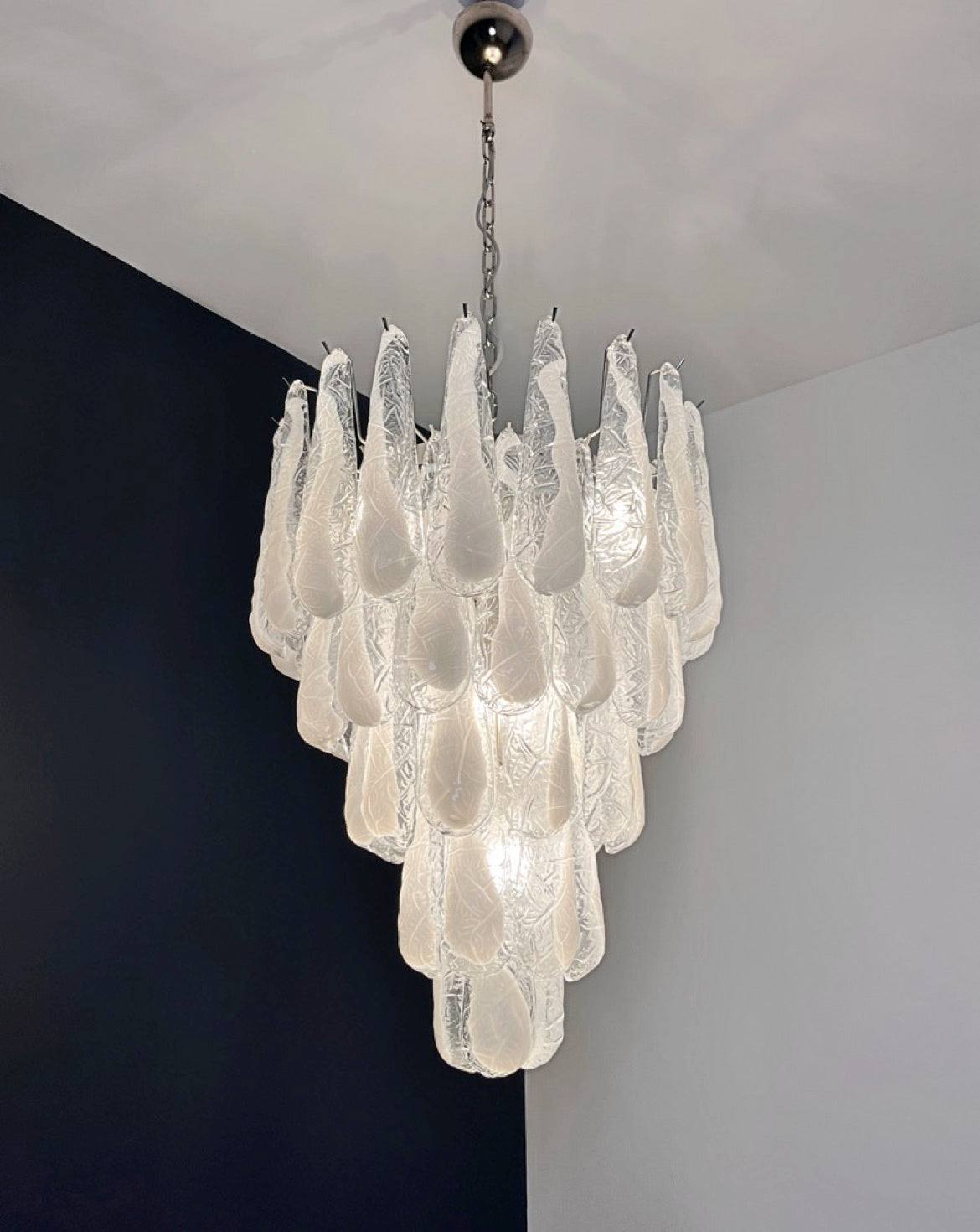 Italian Vintage Murano Chandelier 52 Glass lattimo Petals Drop