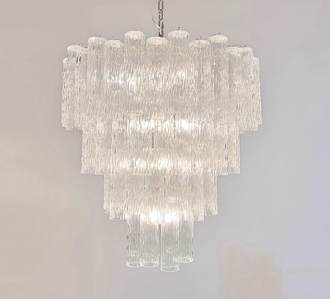Huge Murano Glass Tiered Chandelier – 80 glasses – transparent corteccia glass tube