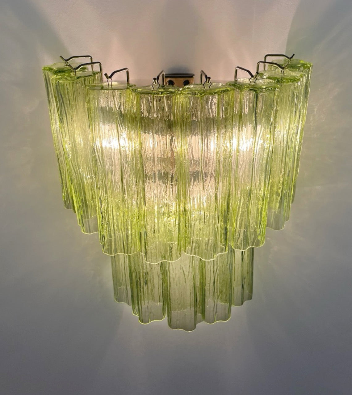 Fantastic pair of Murano Glass Tube wall sconces – 13 green glass tube