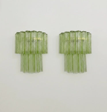 Fantastic pair of Murano Glass Tube wall sconces – 13 green glass tube