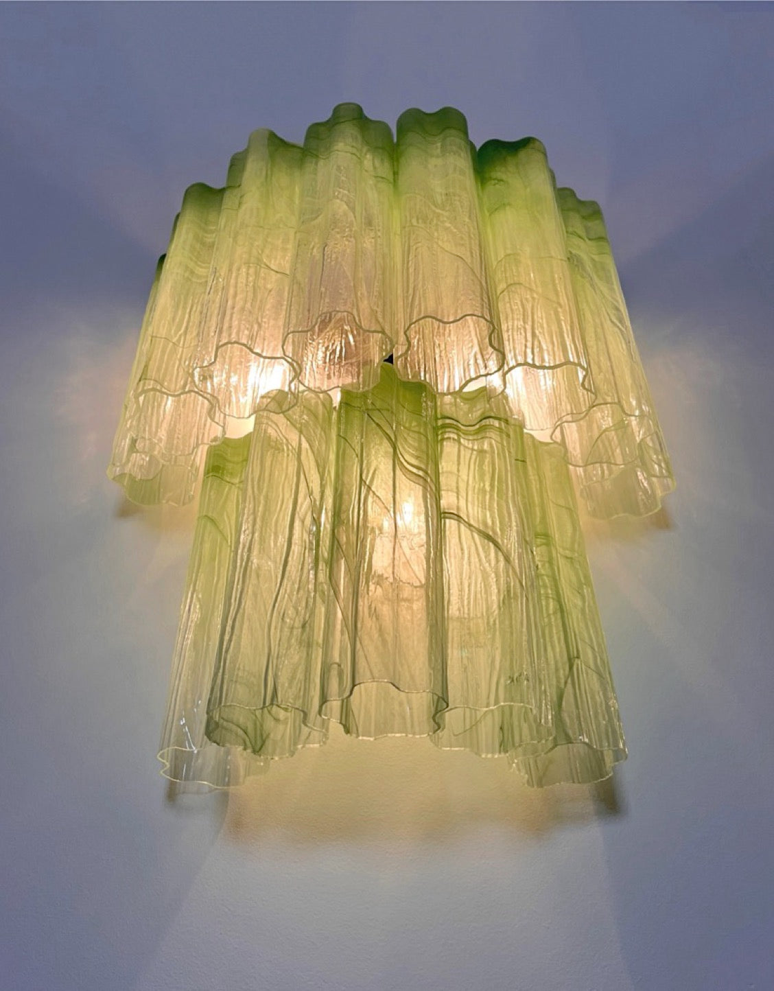 Fantastic pair of Murano Glass Tube wall sconces – 13 green alabaster glass tube