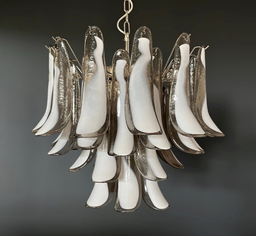 Italian vintage Murano chandelier – Mazzega – 36 lattimo smoked glass petals