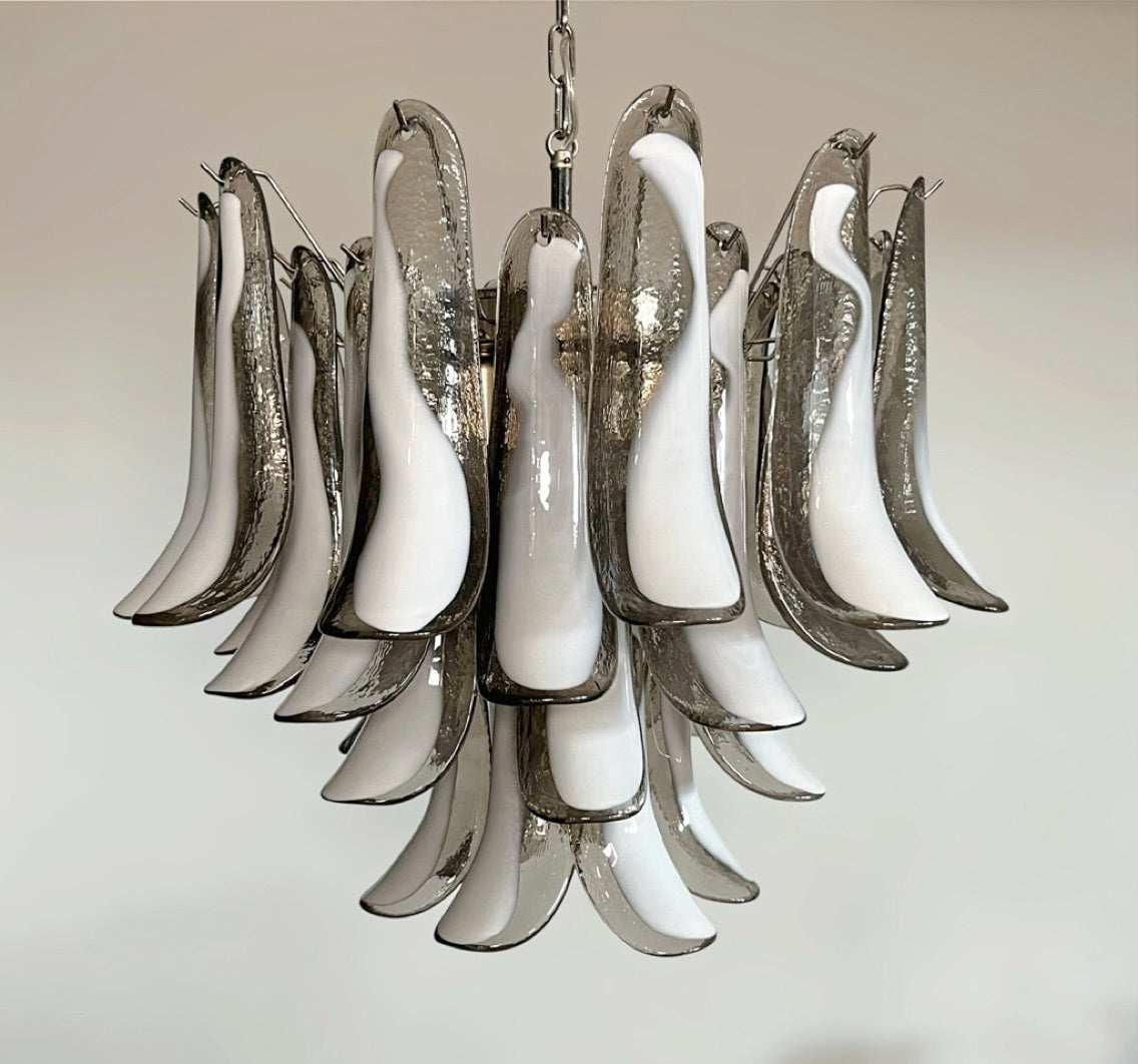 Italian vintage Murano chandelier – Mazzega – 36 lattimo smoked glass petals