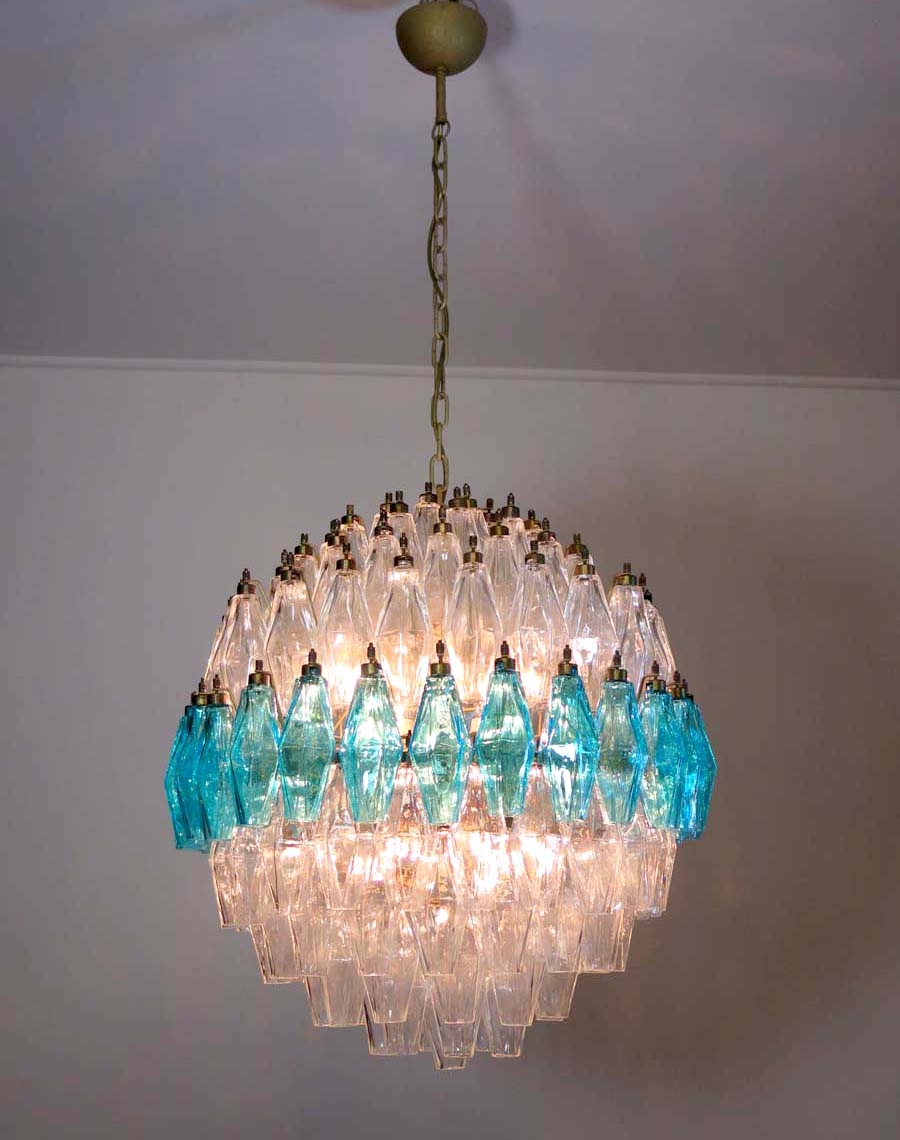 Murano Chandelier | 140 Clear and Blue Polyhedral Glass