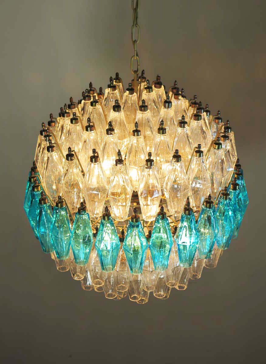 Murano Chandelier | 140 Clear and Blue Polyhedral Glass