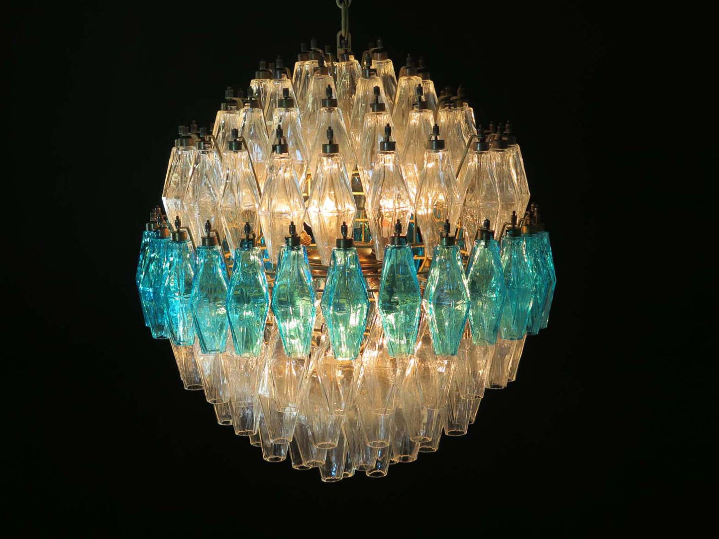 Murano Chandelier | 140 Clear and Blue Polyhedral Glass