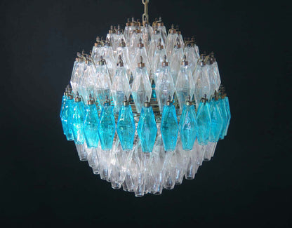 Murano Chandelier | 140 Clear and Blue Polyhedral Glass