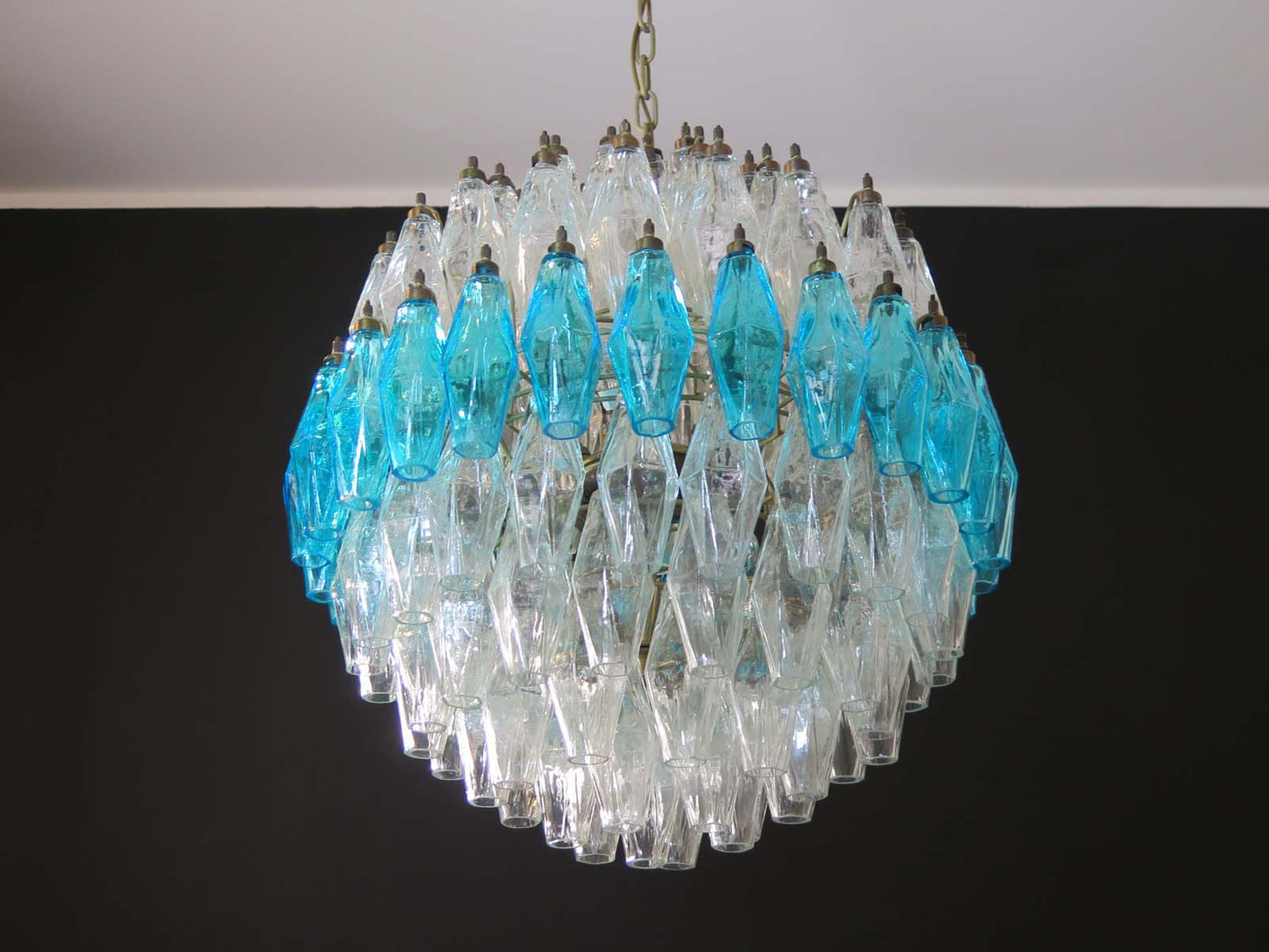 Murano Chandelier | 140 Clear and Blue Polyhedral Glass