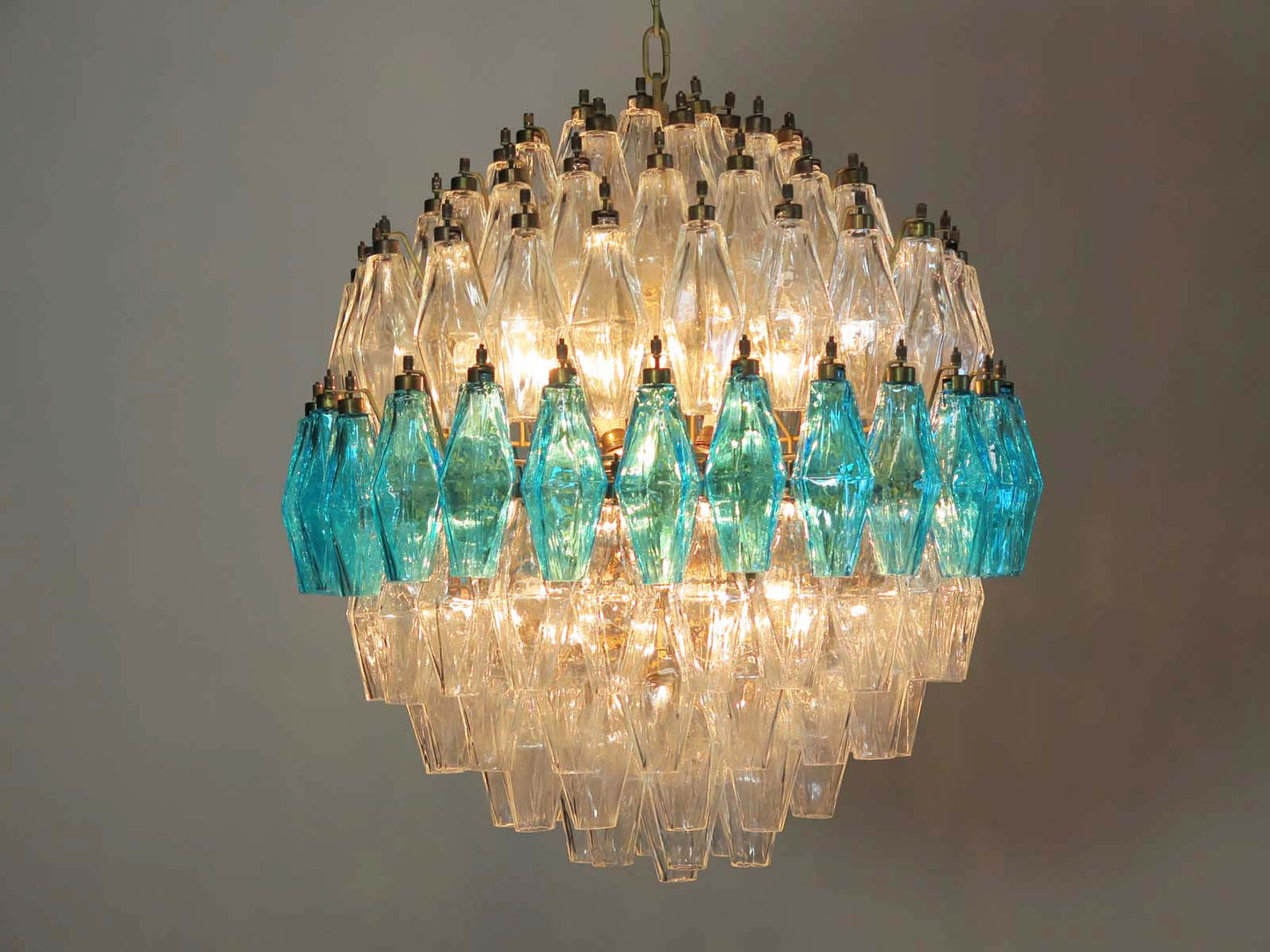 Murano Chandelier | 140 Clear and Blue Polyhedral Glass